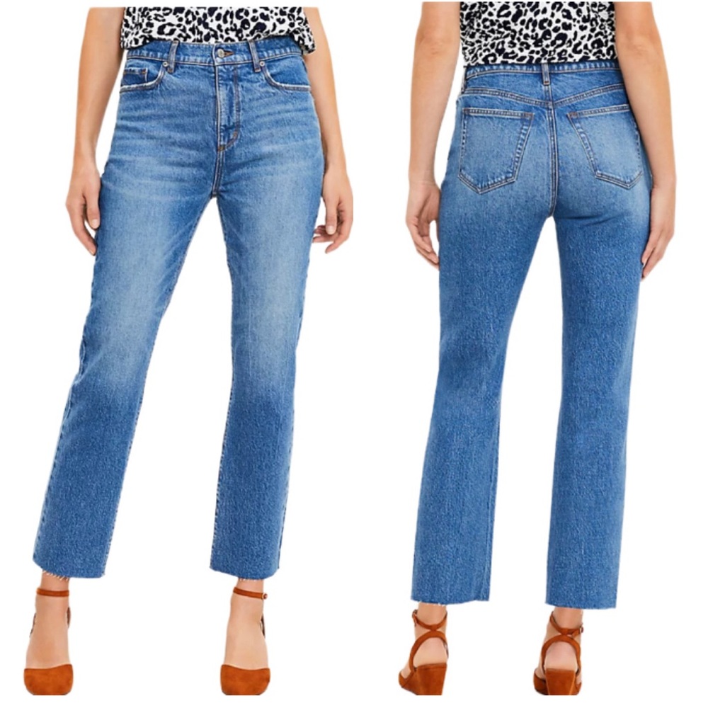 NWT Loft Straight Leg Cropped High-Rise Regular Fit Petite Jeans Blue 34/18